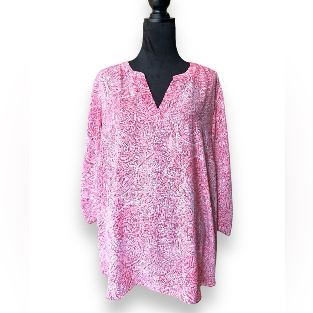 Chaus Coral & White Paisley Split Crew Neck Long Sleeve Top XXL